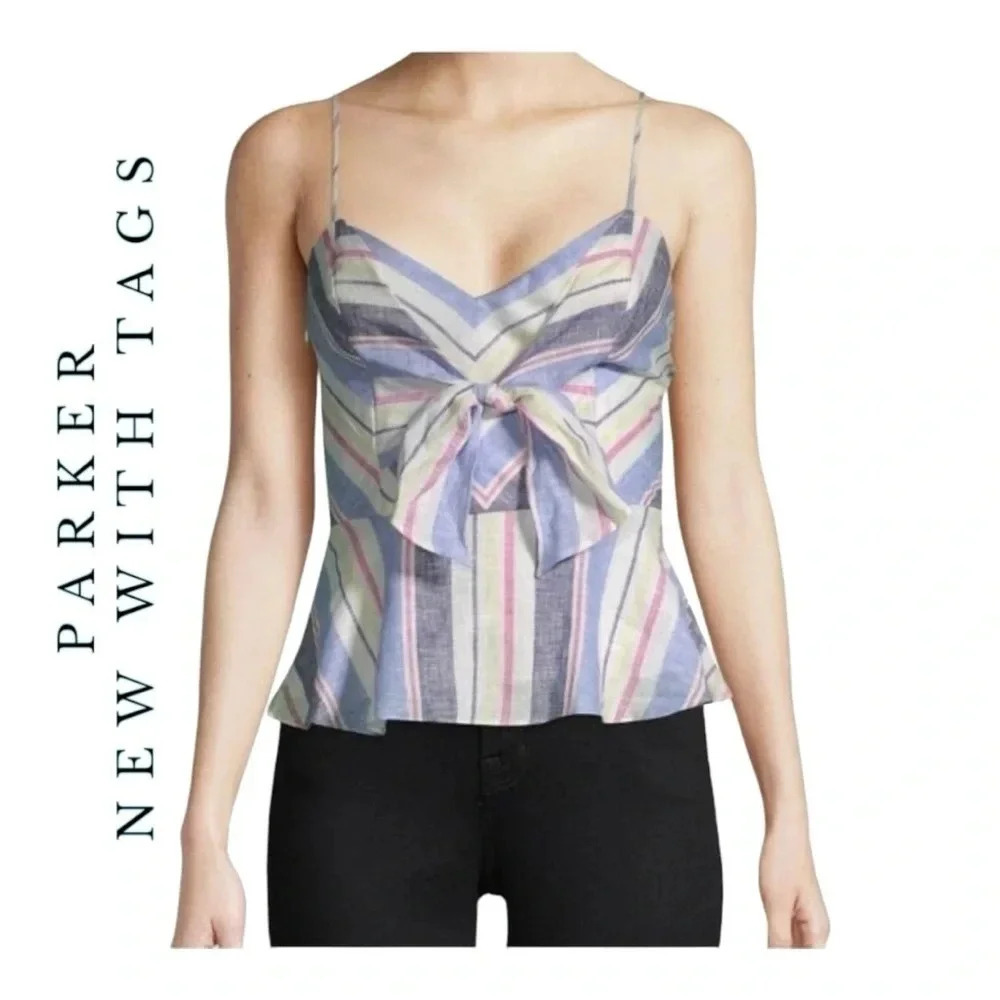 1863. PARKER WHITNEY BLUE FRONT TIE PEPLUM TOP SIZE SMALL STRIPES FULLY LINED